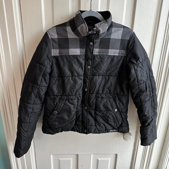 Eddie Bauer Puffer Jacket Coat Buffalo Plaid Trim - Picture 2 of 9